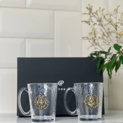 Набор из 2-х стеклянных кружек с накладками Лев фас, Львица фас  в черной подарочной коробке