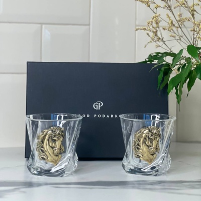 Набор из 2-х бокалов для виски с накладками Лошадь в черной коробке