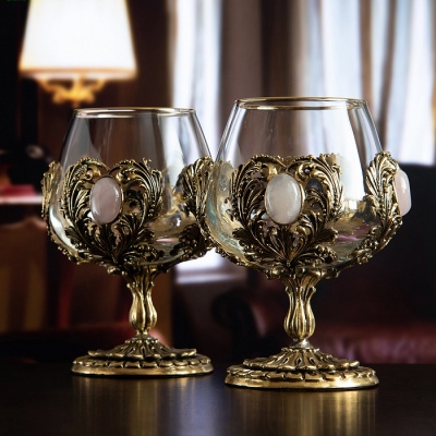 Набор 2 бокала для коньяка с камнем "Розовый кварц", в шкатулке из массива