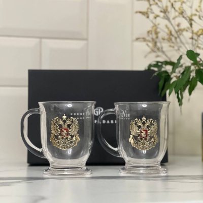 Набор для глинтвейна: 2 чашки с накладками Герб РФ с эмалью в черной коробке