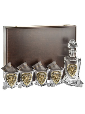 Набор 4 бокала для виски со Штофом накладка "Георгий Победоносец", "Великая Россия", в шкатулке из массива