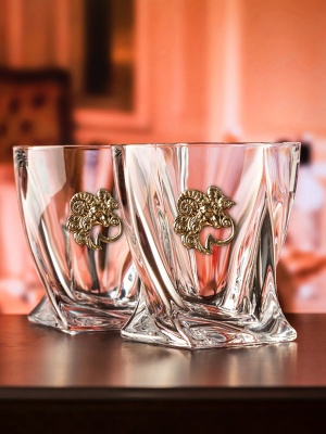 Набор из 2х бокалов для виски Квадро с накладкой "Овен", камни охлаждающие 4шт,  упаковка Mr Whiskey, ложемент коричневый атлас