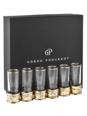 Набор из 6-ти стопок Патрон Лев, Кабан, Орел с латунным основанием в подарочной коробке