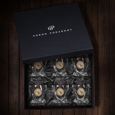 Набор 6 бокалов для виски "Квадро",накл."Дракон 3",мешки,камни, в черн.подарочн.коробке ключница