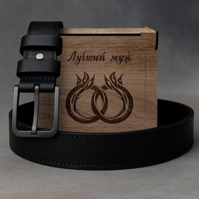 Ремень кожаный с гравировкой "Лучший муж" в подарочной деревянной коробке