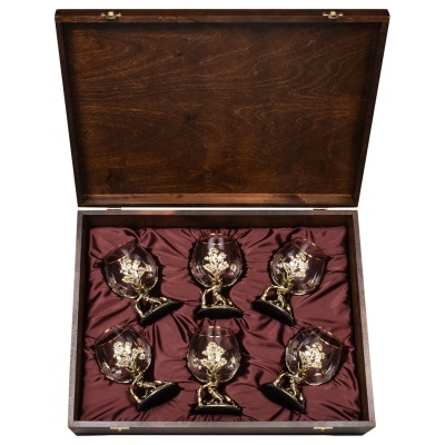 Набор из 6-ти бокалов для коньяка Тигр 420 мл в деревянной шкатулке из массива