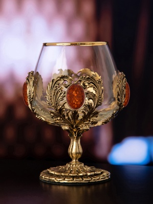 Набор 2 бокала для коньяка с искусственным камнем "Янтарь коньячный", в шкатулке из массива