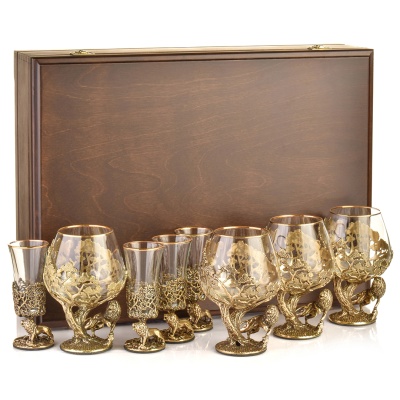 Набор 4 бокала для коньяка и 4 лафитника "Лев ROYAL", в шкатулке из массива