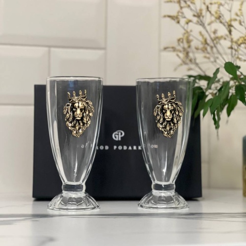 Набор для коктейлей и смузи: 2 бокала с накладками Лев в короне в черной коробке