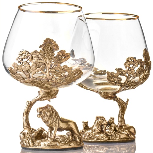 Набор 2 бокала для коньяка и 4 бокала для виски "Лев и Львица", в шкатулке из массива