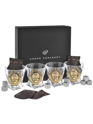 Набор 4 бокала для виски "Квадро", накл. "Герб СССР",камни,мешки,черн.коробка