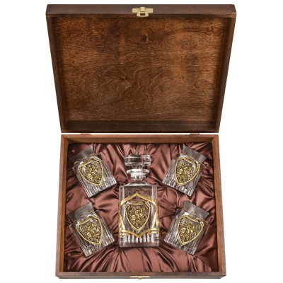 Набор 4 бокала для виски со Штофом накладка "Георгий Победоносец", в шкатулке из массива