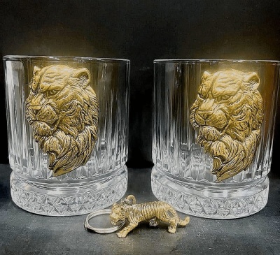 Набор из 2-х бокалов Элизия с накладкой Тигр, брелок тигр, ч/б коробка