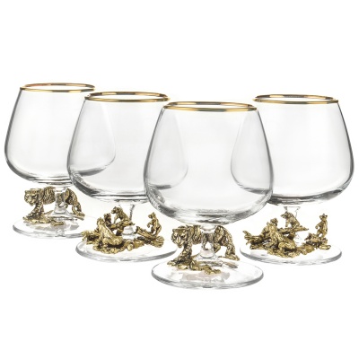 Подарочный набор из 4 бокалов для коньяка "Медведи,Тигр" в подарочной коробке
