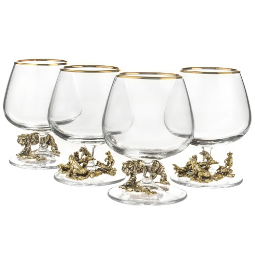 Подарочный набор из 4 бокалов для коньяка "Медведи,Тигр" в подарочной коробке