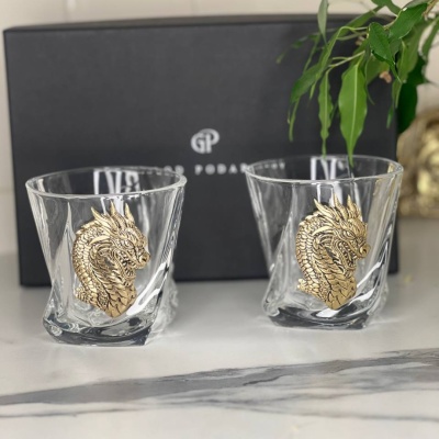 Набор из 2-х бокалов для виски с накладками Дракон в черной коробке