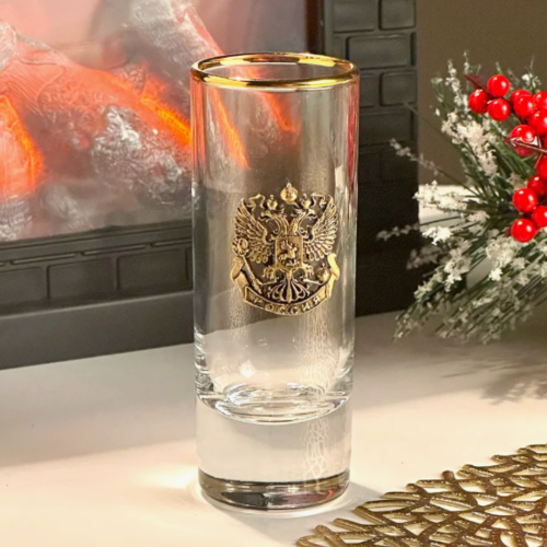 Набор из 6-ти стопок для водки Сиде с накладками Герб РФ (3 шт.) и Герб СССР (3 шт.) в черной коробке 