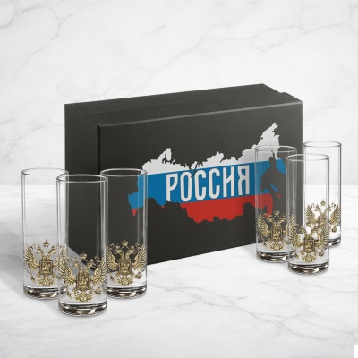 Набор из 6-ти стопок Сиде с накладками Герб РФ в черной подарочной коробке с печатью карта России