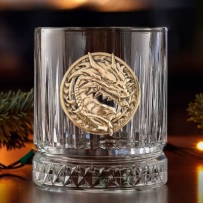 Стакан для виски Элизия с накладкой Дракон 3 в черно белой коробке