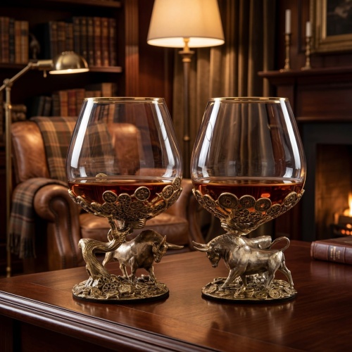 Набор из двух бокалов для коньяка Денежный Бык 310 мл в деревянной шкатулке