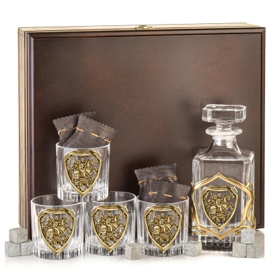 Набор 4 бокала для виски со Штофом накладка "Георгий Победоносец", в шкатулке из массива