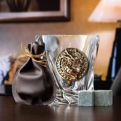 Набор 6 бокалов для виски "Квадро",накл."Дракон 3",мешки,камни, в черн.подарочн.коробке ключница