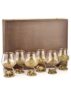 Набор 6 бокалов для коньяка "Охота на Медведя, Вепря, Кабана", в шкатулке из массива