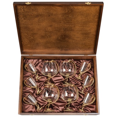 Набор 4 бокала для коньяка и 6 лафитников "Змея", в шкатулке из массива