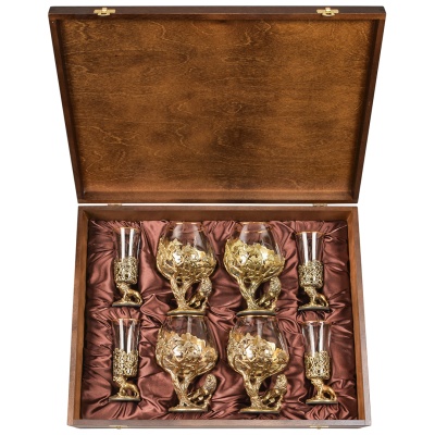 Набор 4 бокала для коньяка и 4 лафитника "Лев ROYAL", в шкатулке из массива