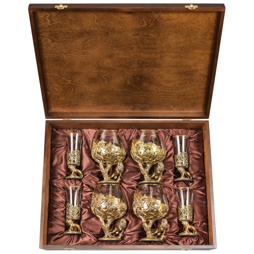 Набор 4 бокала для коньяка и 4 лафитника "Лев ROYAL", в шкатулке из массива