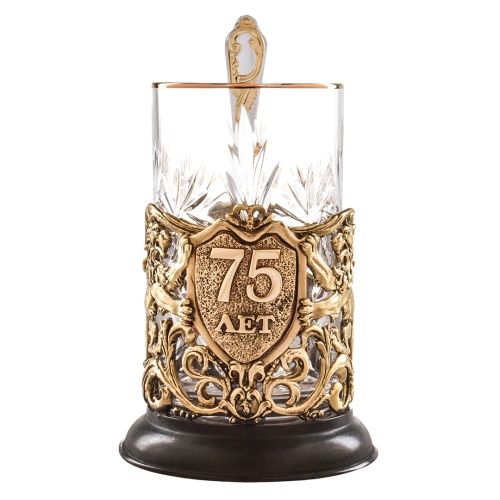 Подстаканник ручной работы С Юбилеем 75 лет в черной подарочной упаковке