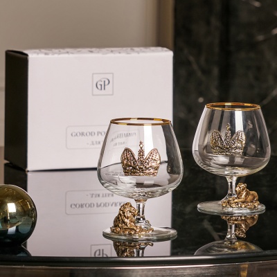 Набор из 2-х бокалов для коньяка Шаранте Лев и Львица с накладкой Корона в ч/б коробке