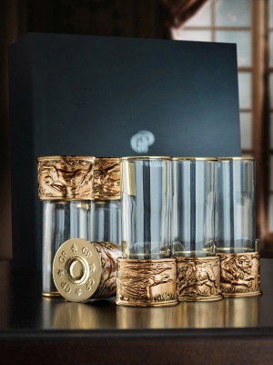 Набор из 6-ти стопок Патрон Медведь, Буйвол, Тигр, Лев, Кабан, Орел с латунным основанием в подарочной коробке