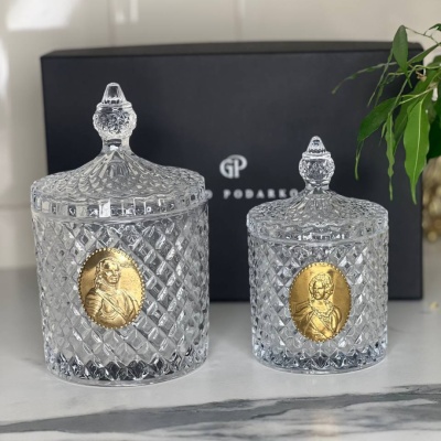 Набор Царский: две шкатулки большая с накладкой Петр и малая с накладкой Екатерина в черной подарочной коробке