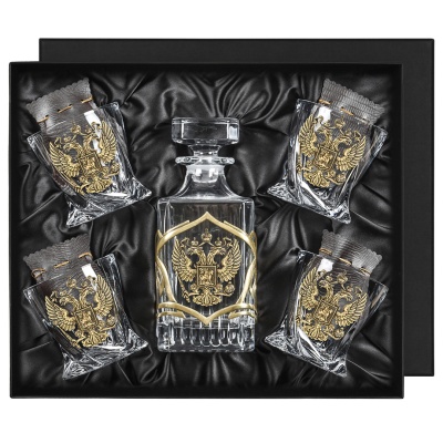 Набор "Великая Россия": 4 бок.для виски  и Штоф " с накладками "Герб РФ" в подарочной упаковке