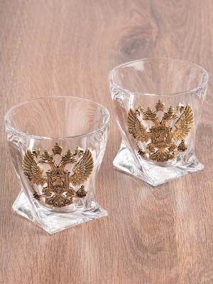 Набор 2 бокала для виски "Квадро", накл."Большой герб России",камни,мешки,в черной коробке