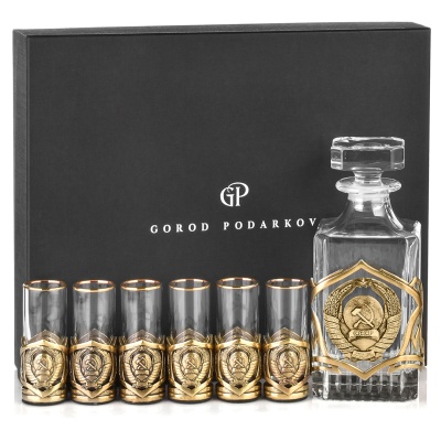 Набор штоф и 6 стопок патрон "Герб СССР", в коробке из дизайнерского картона