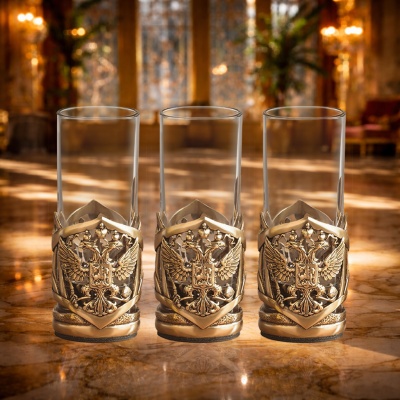 Набор из 3-х стопок-патронов Герб РФ в черной подарочной коробке с печатью карта России