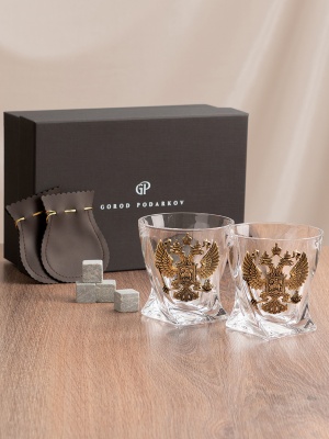 Набор 2 бокала для виски "Квадро", накл."Большой герб России",камни,мешки,в черной коробке
