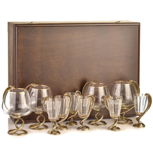 Набор 4 бокала для коньяка и 6 лафитников "Змея", в шкатулке из массива