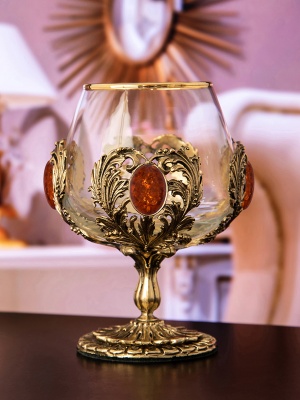 Набор 2 бокала для коньяка с искусственным камнем "Янтарь коньячный", в шкатулке из массива