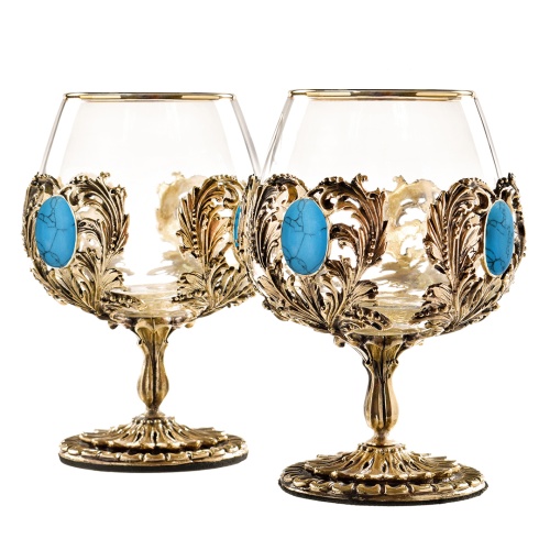 Набор 2 бокала для коньяка с искусственным камнем "Бирюза", в шкатулке из массива