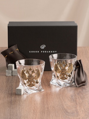 Набор 2 бокала для виски "Квадро", накл."Большой герб России",камни,мешки,в черной коробке