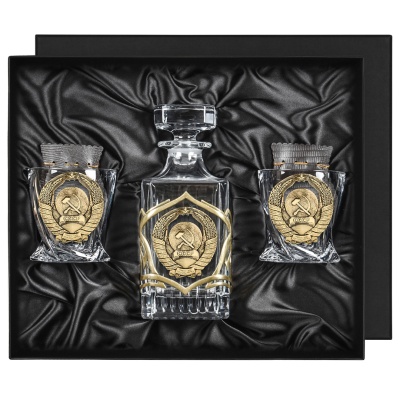 Набор "Великая Россия": 2 бокала для виски и штоф  с накладкой Герб СССР  в подарочной коробке