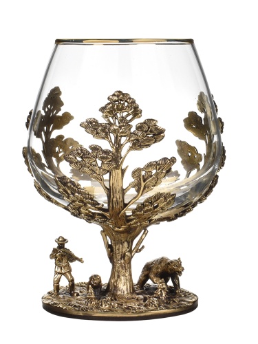 Набор 2 бокала для коньяка "Охота на медведя" и "Волки", в шкатулке из массива