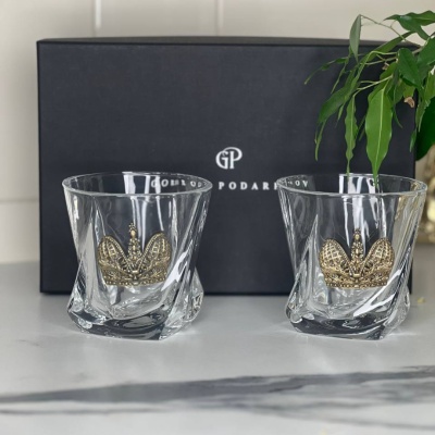 Набор из 2-х бокалов для виски с накладками Корона в черной коробке