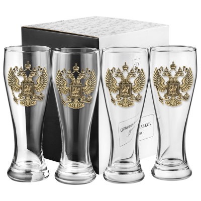 Набор 4 бокала для пива, накл. "Герб РФ" ВЕЛИКАЯ РОССИЯ ,в ч/б коробке
