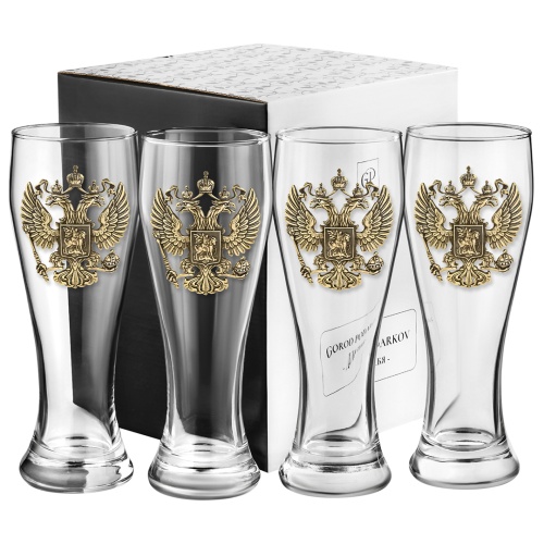 Набор 4 бокала для пива, накл. "Герб РФ" ВЕЛИКАЯ РОССИЯ ,в ч/б коробке