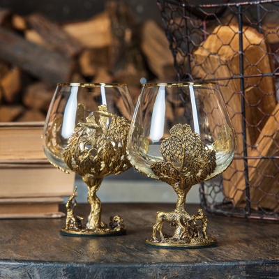 Набор 2 бокала для коньяка "Охота на Уток" и "Охота на Лося", в шкатулке из массива