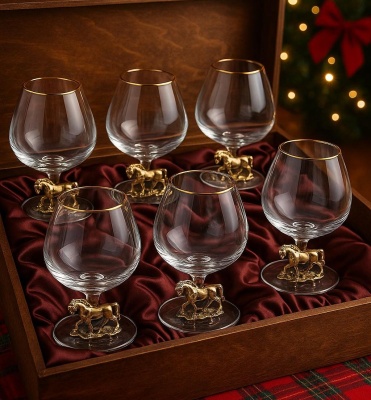Набор из 6 бокалов для коньяка Лошадь в деревянной шкатулке 